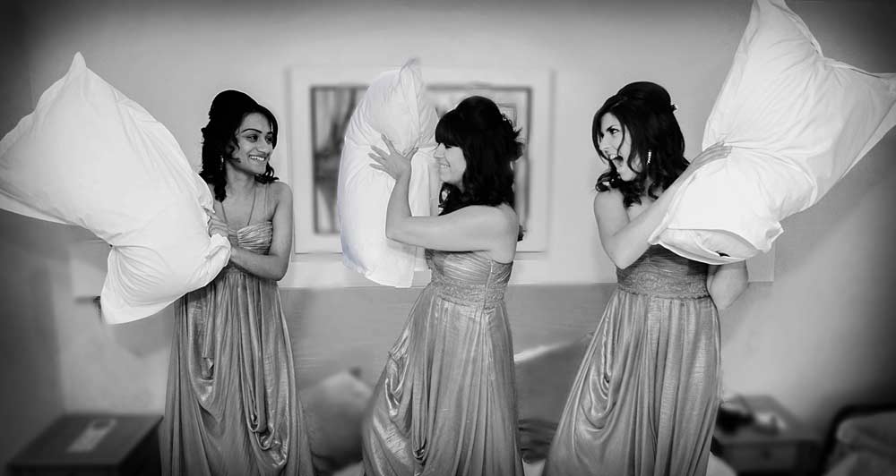 Bridesmaids at Sopwell House wedding pillow fight image