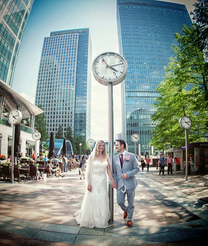 Bride and Groom stood in Canary Wharf photo