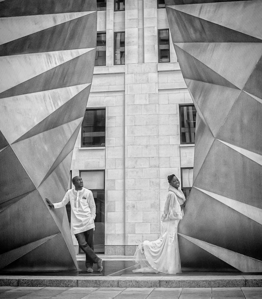 Ghanian wedding couple pose near London Stationers Hall