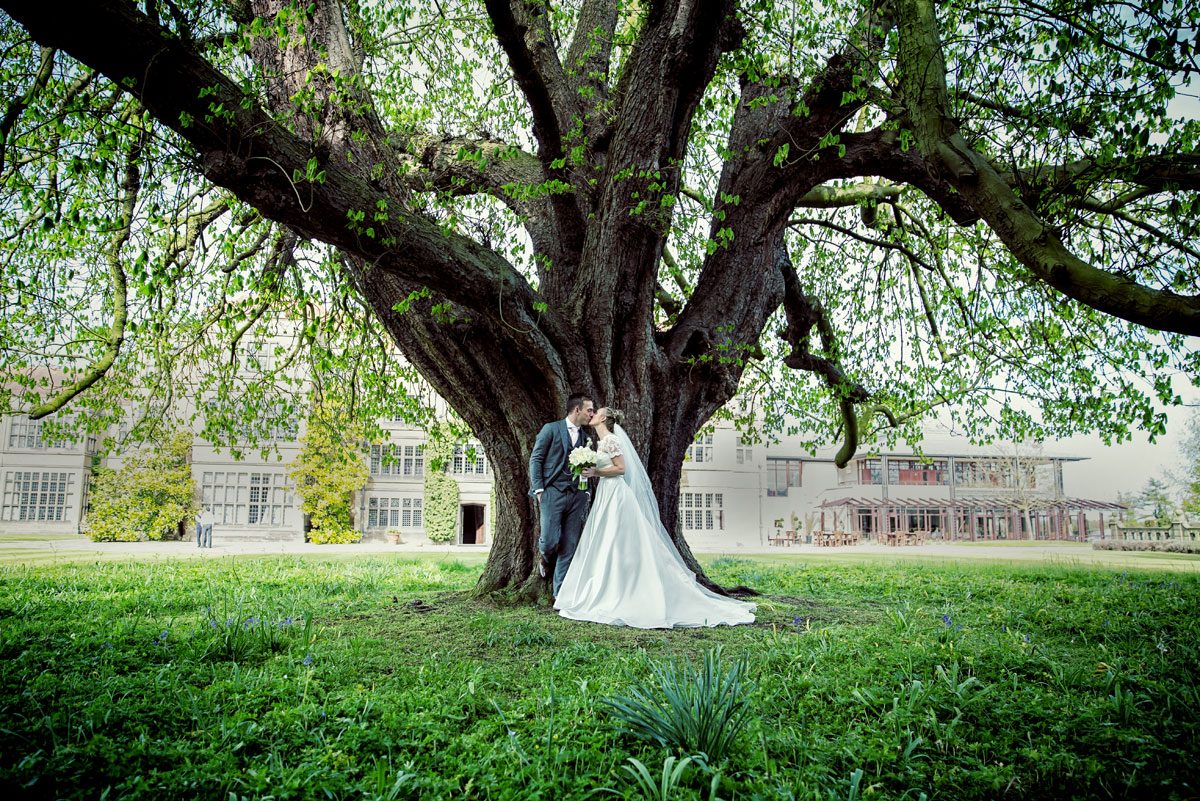 man and wife kiss under tree at Fanhams Hall wedding