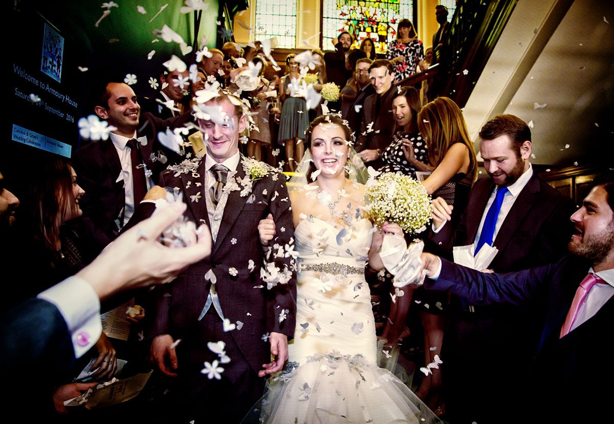 Confetti throw atArmoury House wedding London photo