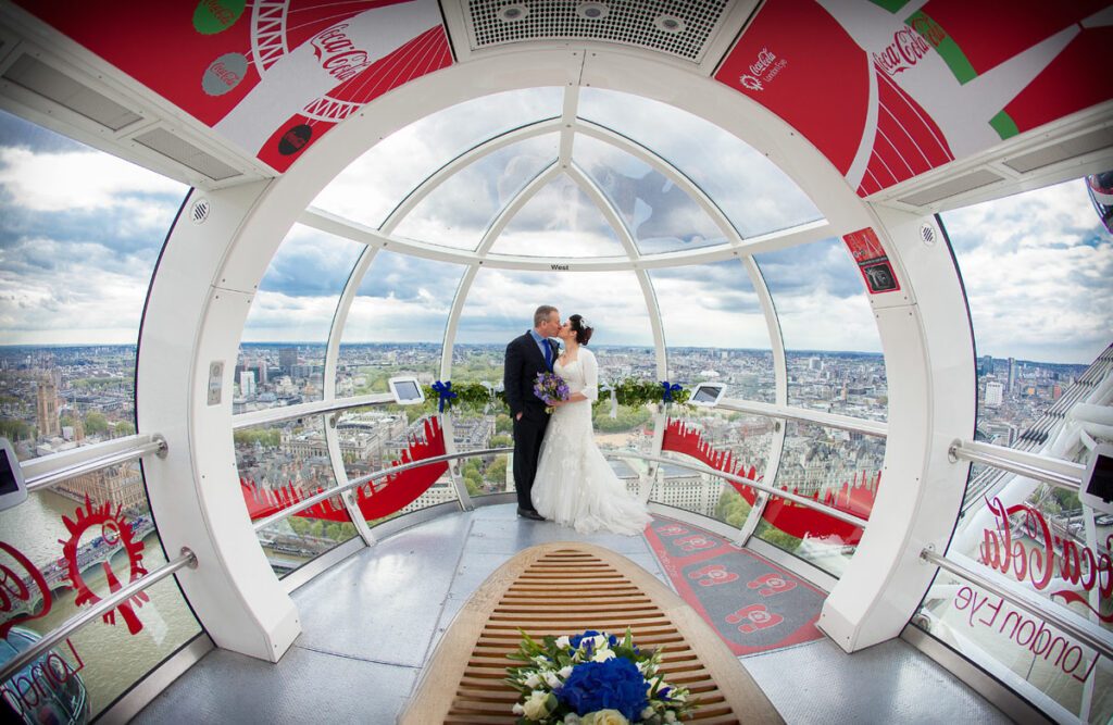 London Eye wedding photographers coca cola kiss photo