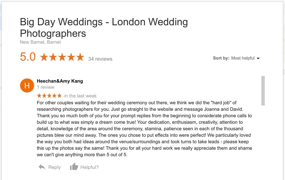 Google review for Big Day Weddings London photographers