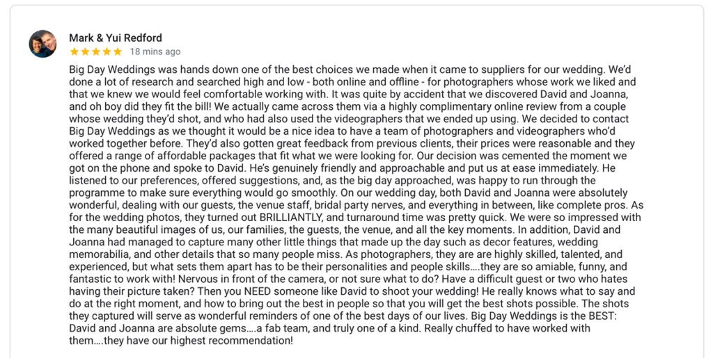 September google review for Big Day Weddings photographers