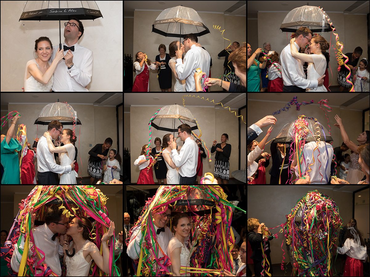 First dance with umbrella and streamers collage Gherkin wedding