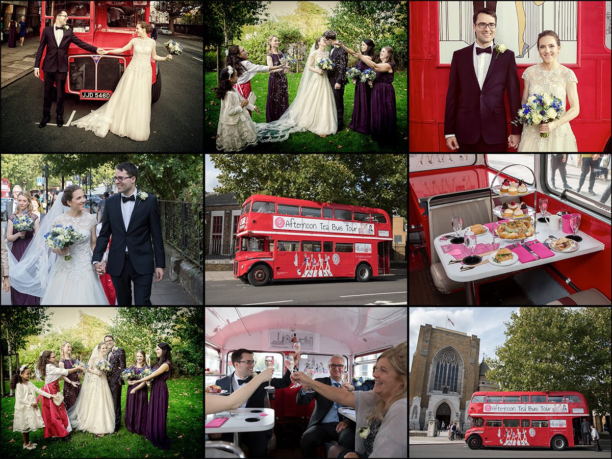 Gherkin wedding collage and B Bakery tea bus