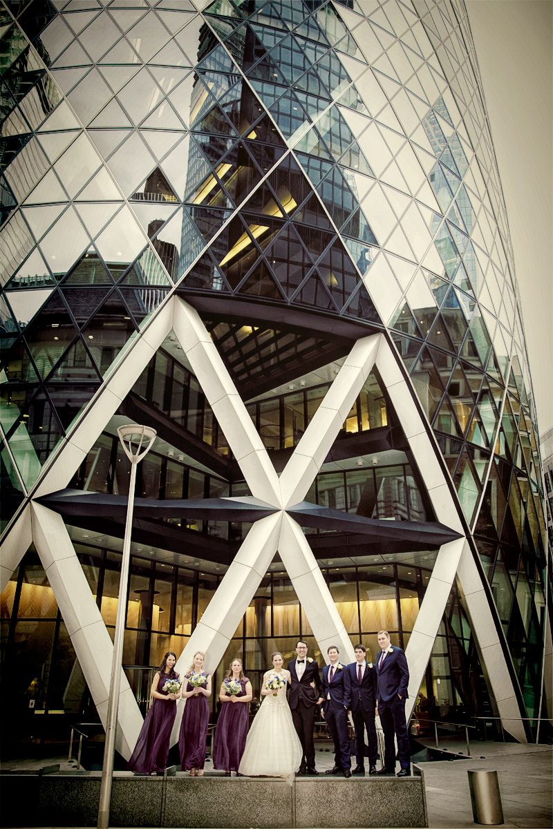 Wedding party in front of the London Gherkin before reception