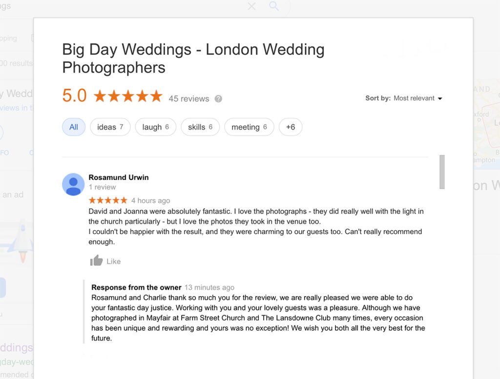 Big Day Weddings Google review for Lansdowne Club Wedding