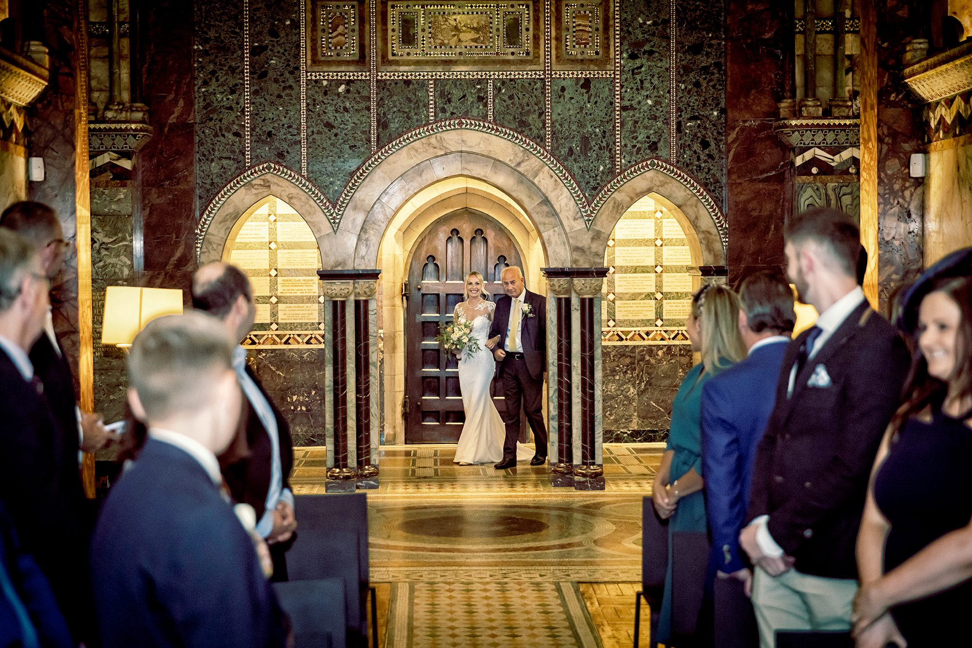Bride arrives at Fitzrovia Chapel Wedding ceremony Westminster London